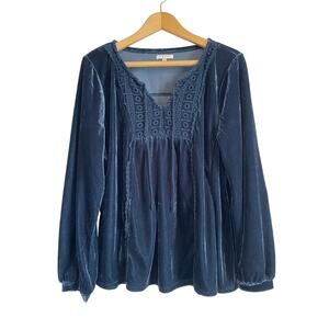 Kate & Sam blue velvet top pleated crochet long sleeve bohemian solid Size XXL